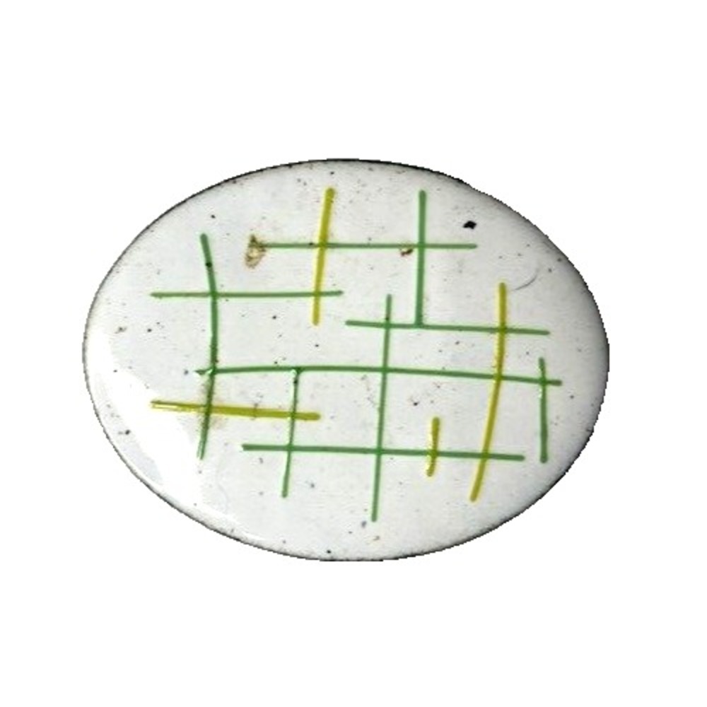 Vintage Oval Modernist White enamel Abstract Yellow and‎ Green Brooch 2 inch